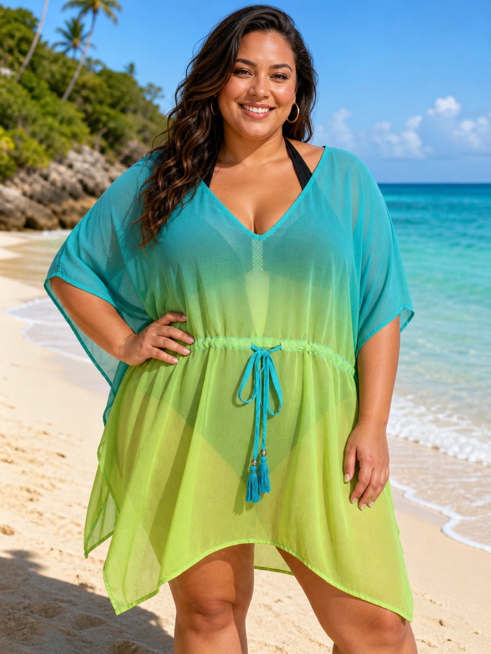 Beaches & Boho Coverup 3X/4X Sheer Kimono Tassel Beach Boho Swim